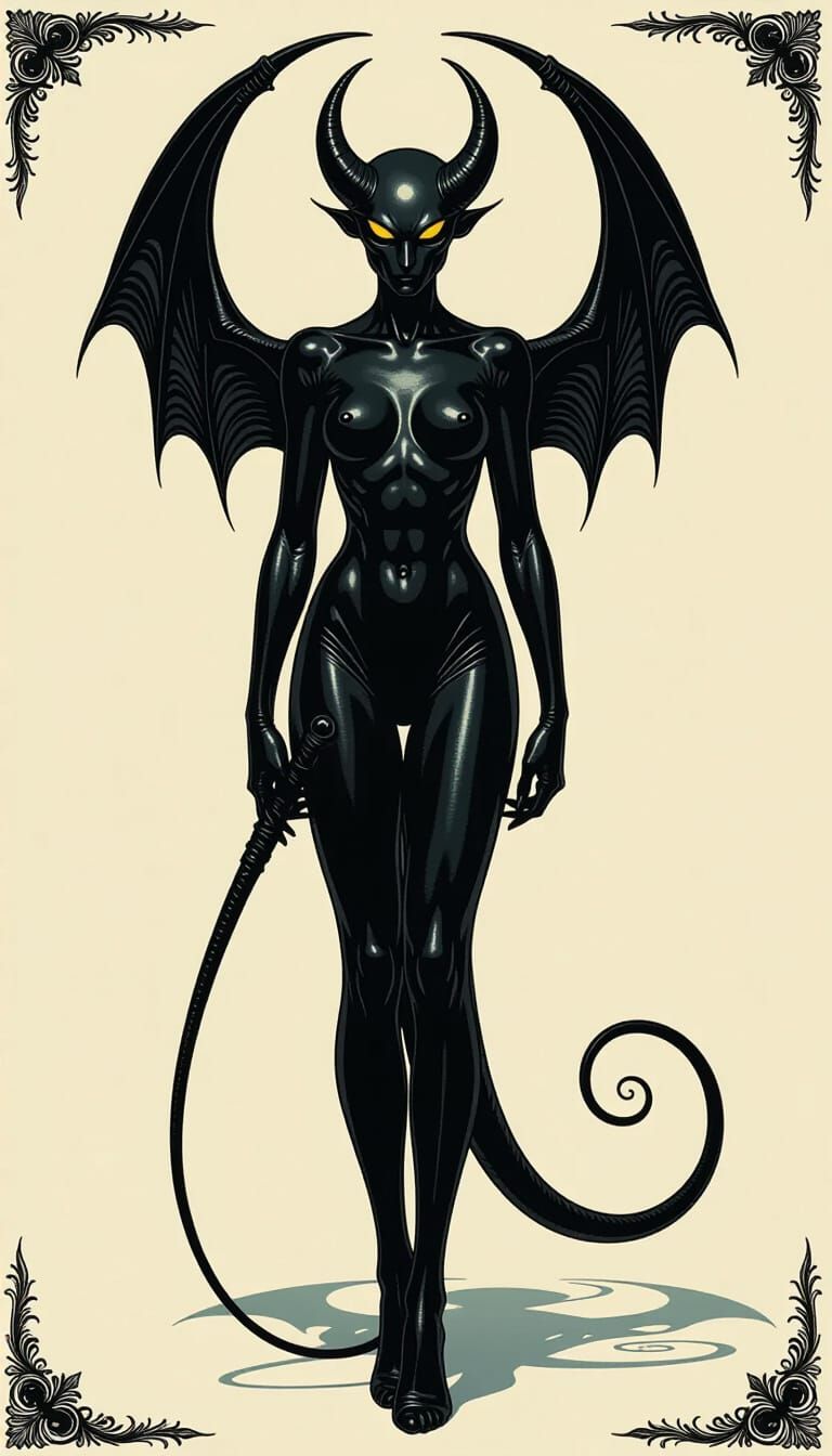 A gargoyle with black metal skin. An elongated body with a s...