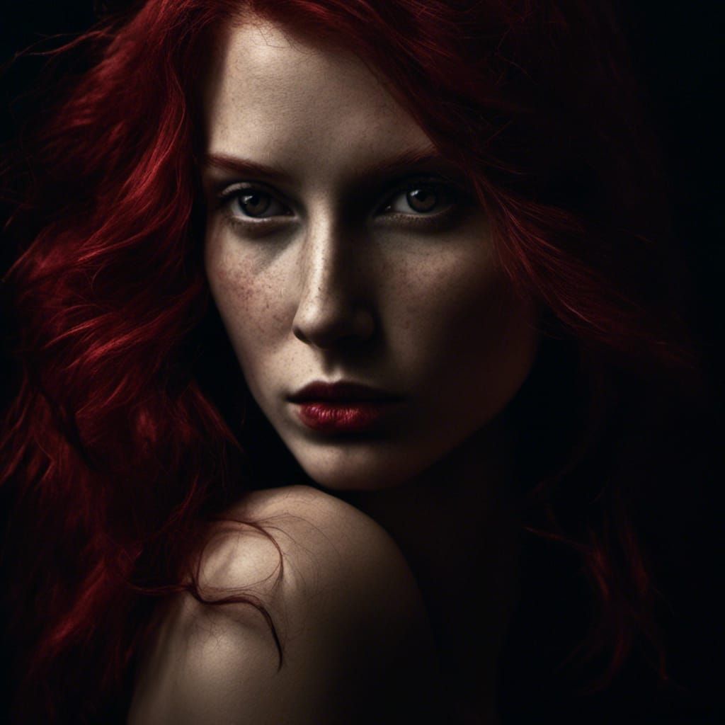 Dramatic Portrait of Red-Haired Woman in Chiaroscuro