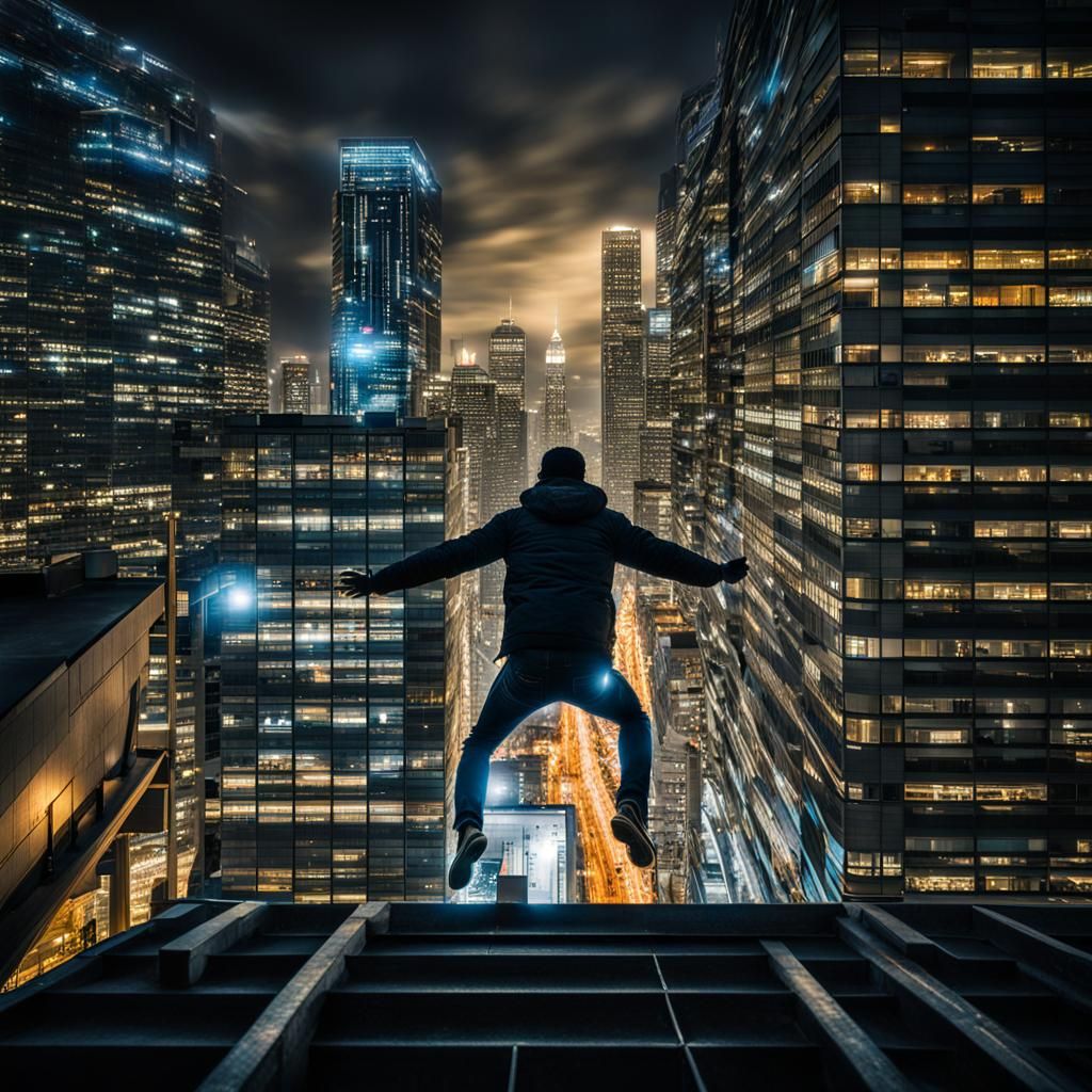 Dramatic Night Cityscape Jump in Hyperrealistic Style