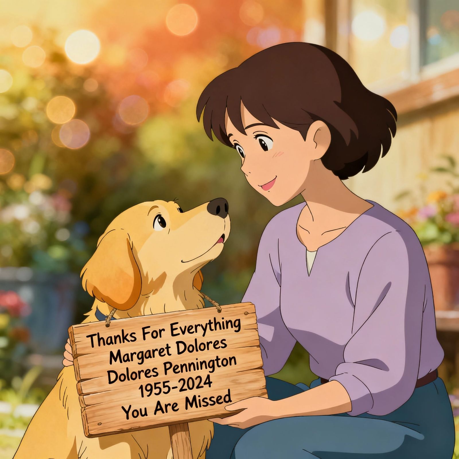 Animated Woman and Dog Hold Memorial Sign in Ghibli Style