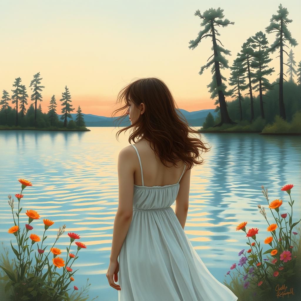 Woman Contemplates Lake at Dusk in Watercolor Style
