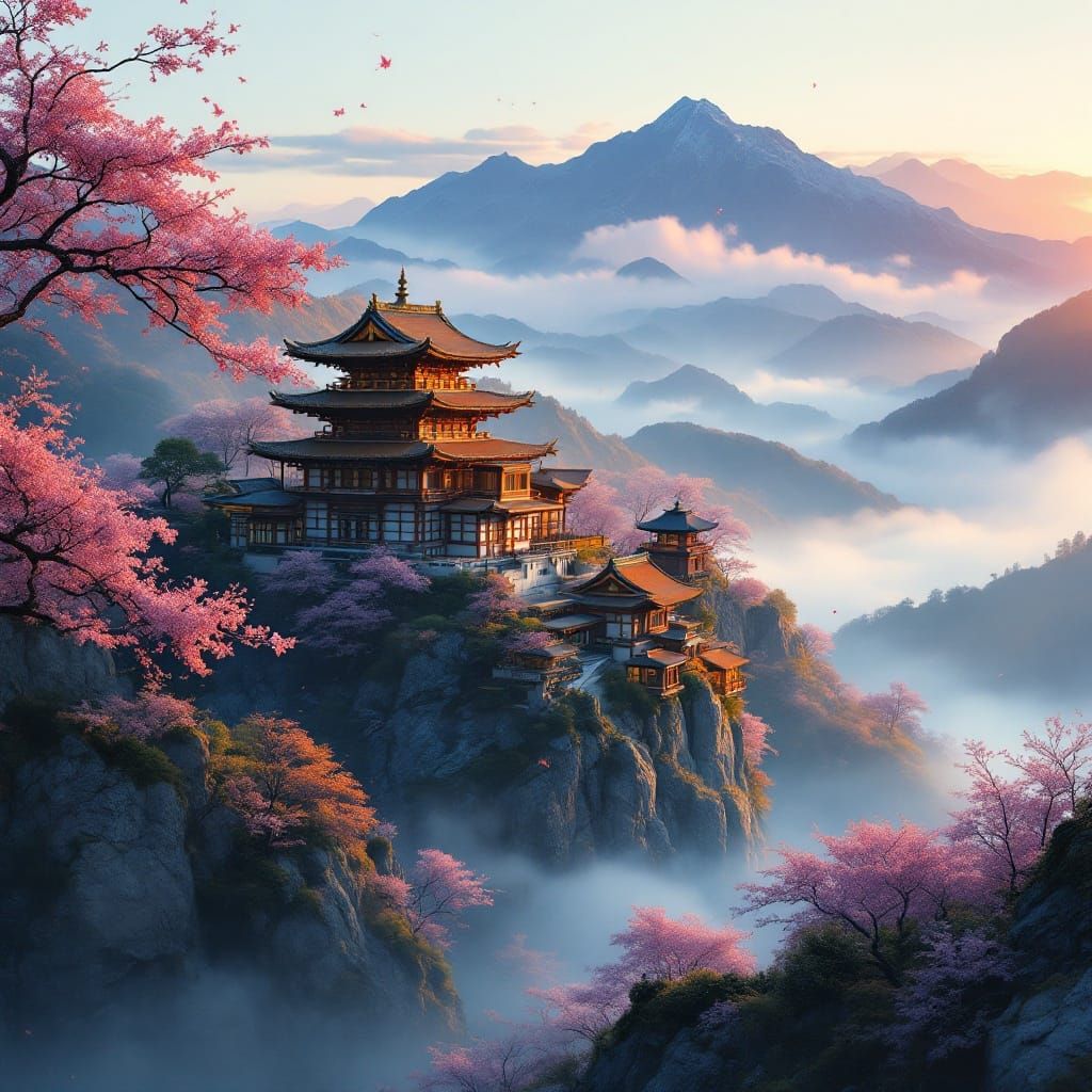 Japanese Mansion with Golden Roof at Sunset