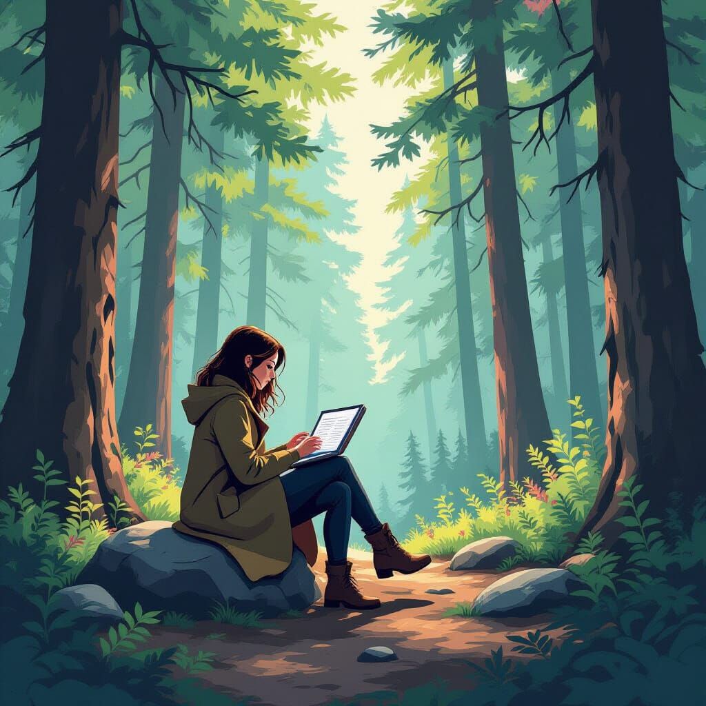 Woman Works on Computer in Forest, Comic Art Style