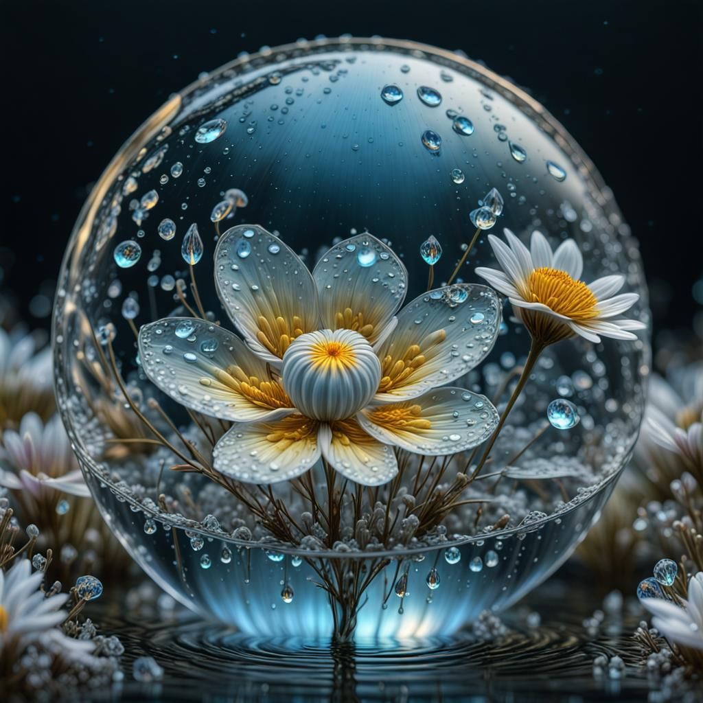 Bioluminescent Moonlit Water Droplet with Flowers