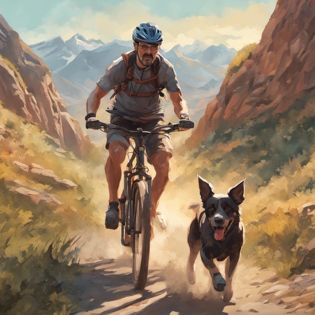 Dog Chasing Mountain Biker: Hyperdetailed Summer Portrait