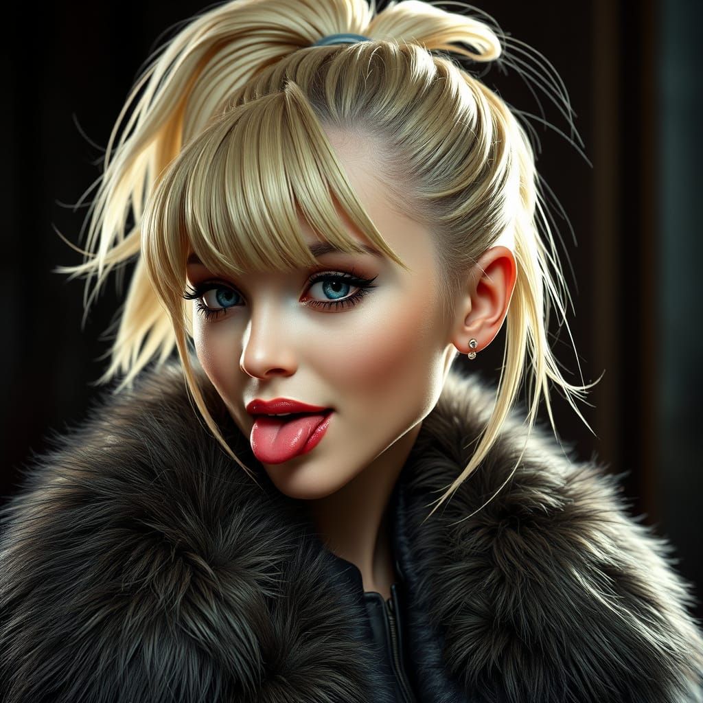 Sleek Blonde Beauty with Edgy Flair, in Luxurious Fur Coat a...