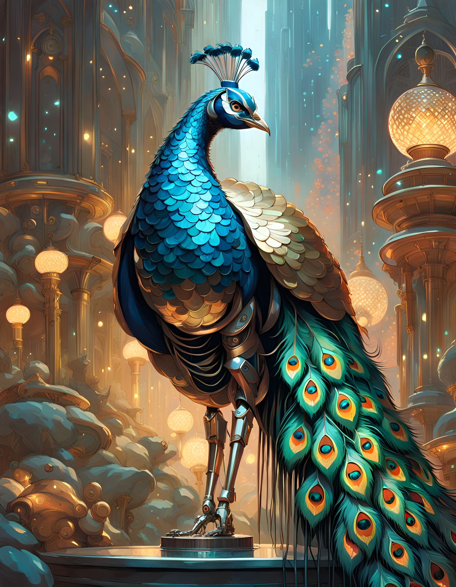 Hyper-Realistic Metallic Robotic Peacock in Forest