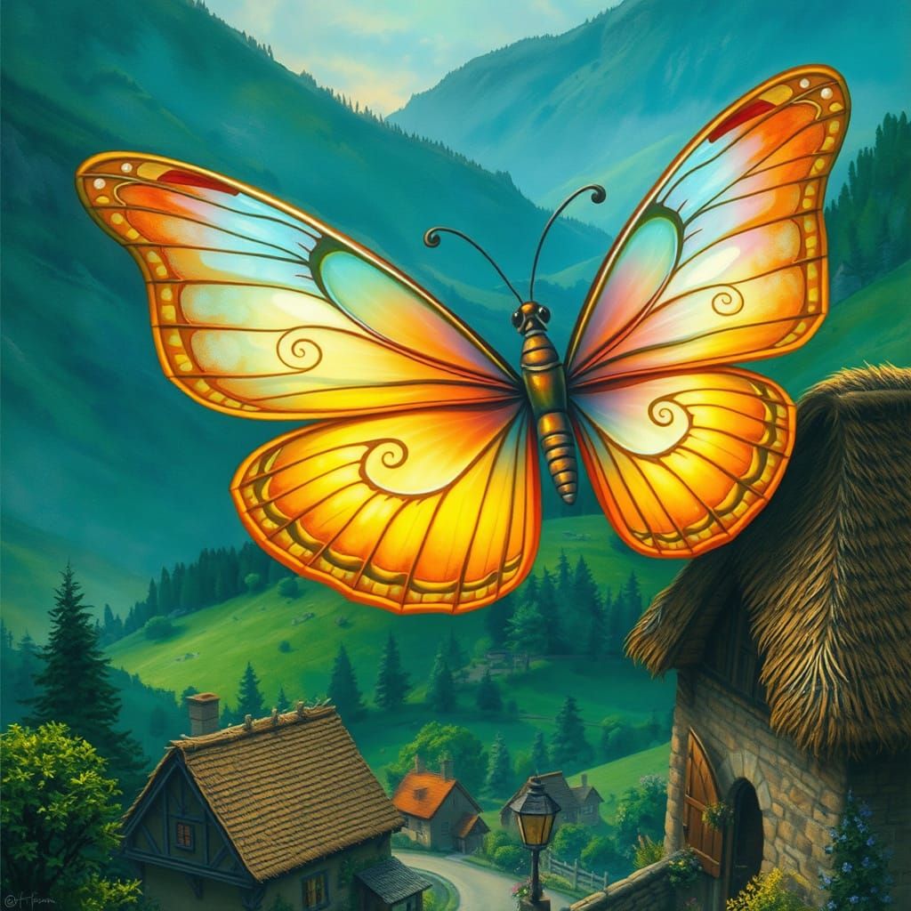 Giant Butterfly perched on a quaint village in a lush valley