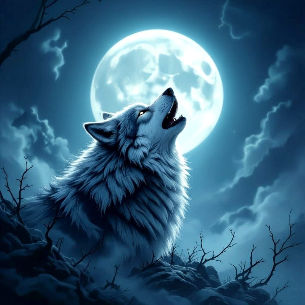 Mystical Wolf Howling at Full Moon Fantasy Art