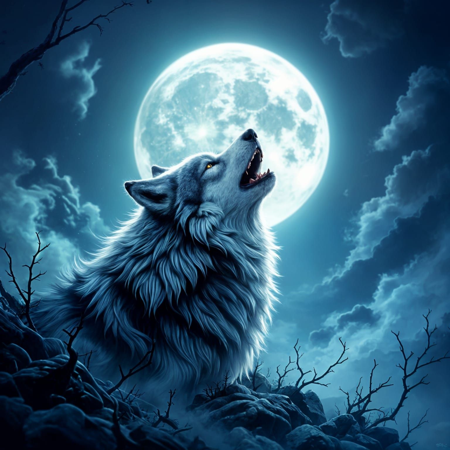 Mystical Wolf Howling at Full Moon Fantasy Art