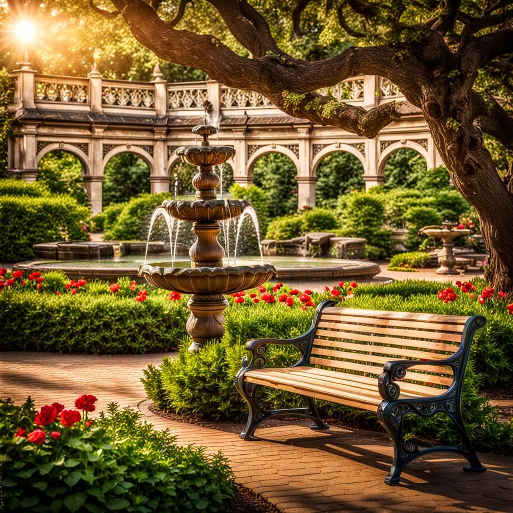 Botanical Garden Park with Bench and Fountain