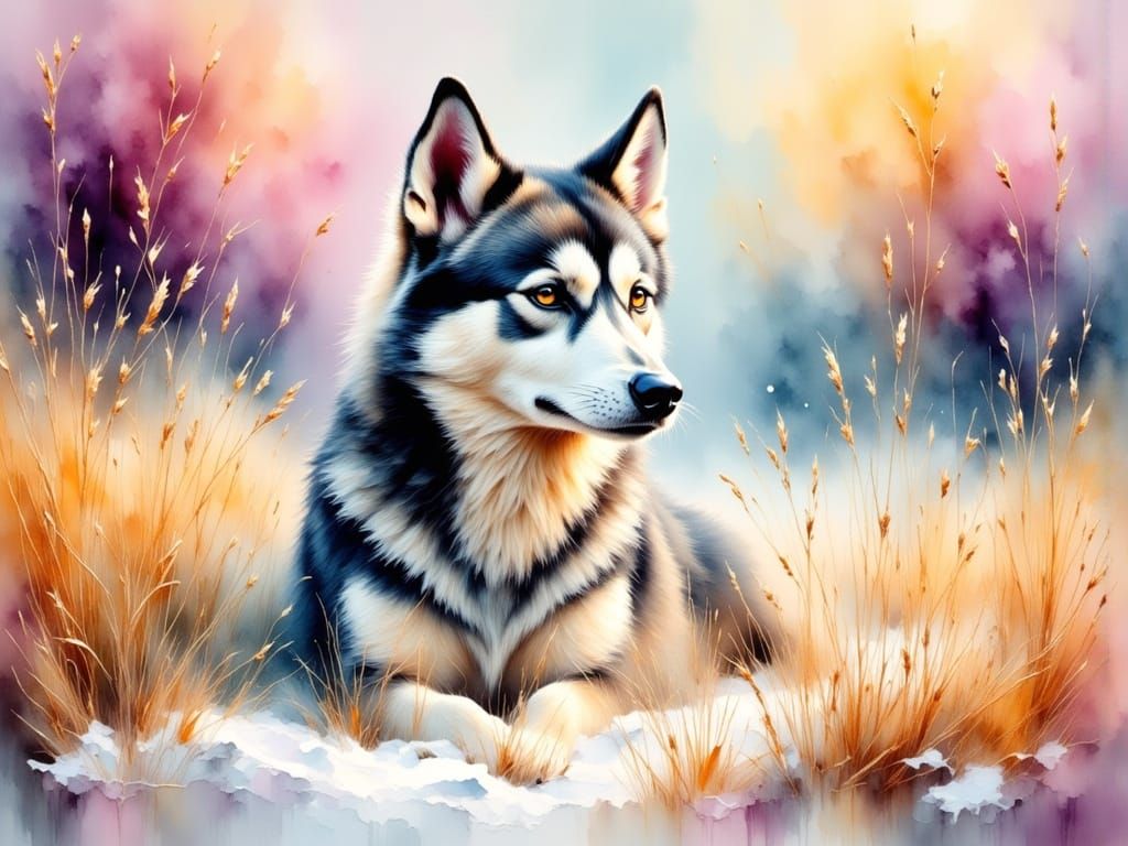Vibrant Husky in Snowy Landscape, in Impasto Oil Painting St...