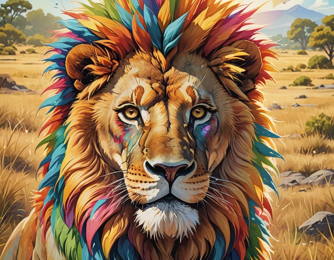 Cartoon Lion with Rainbow Mohawk in Sunny Savannah