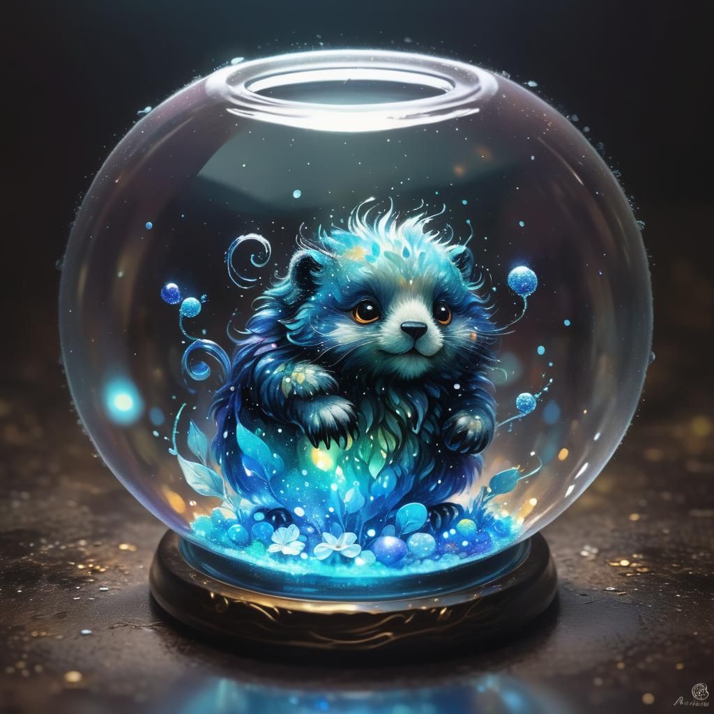 A cute fluffy fantasy animal inside a glass-globe