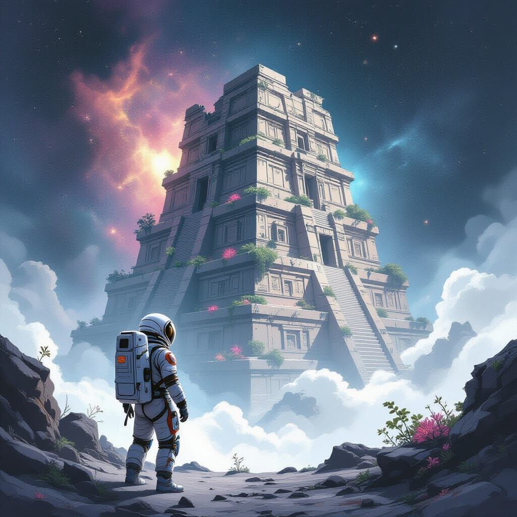 Astronaut Views Cosmic Ziggurat in Nebula, Sumi-e Style