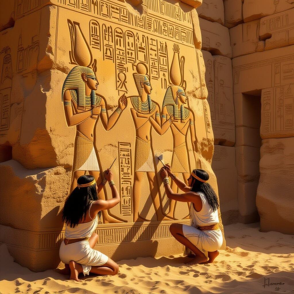 Pharaohs Carving Hieroglyphs in Golden Hour Light