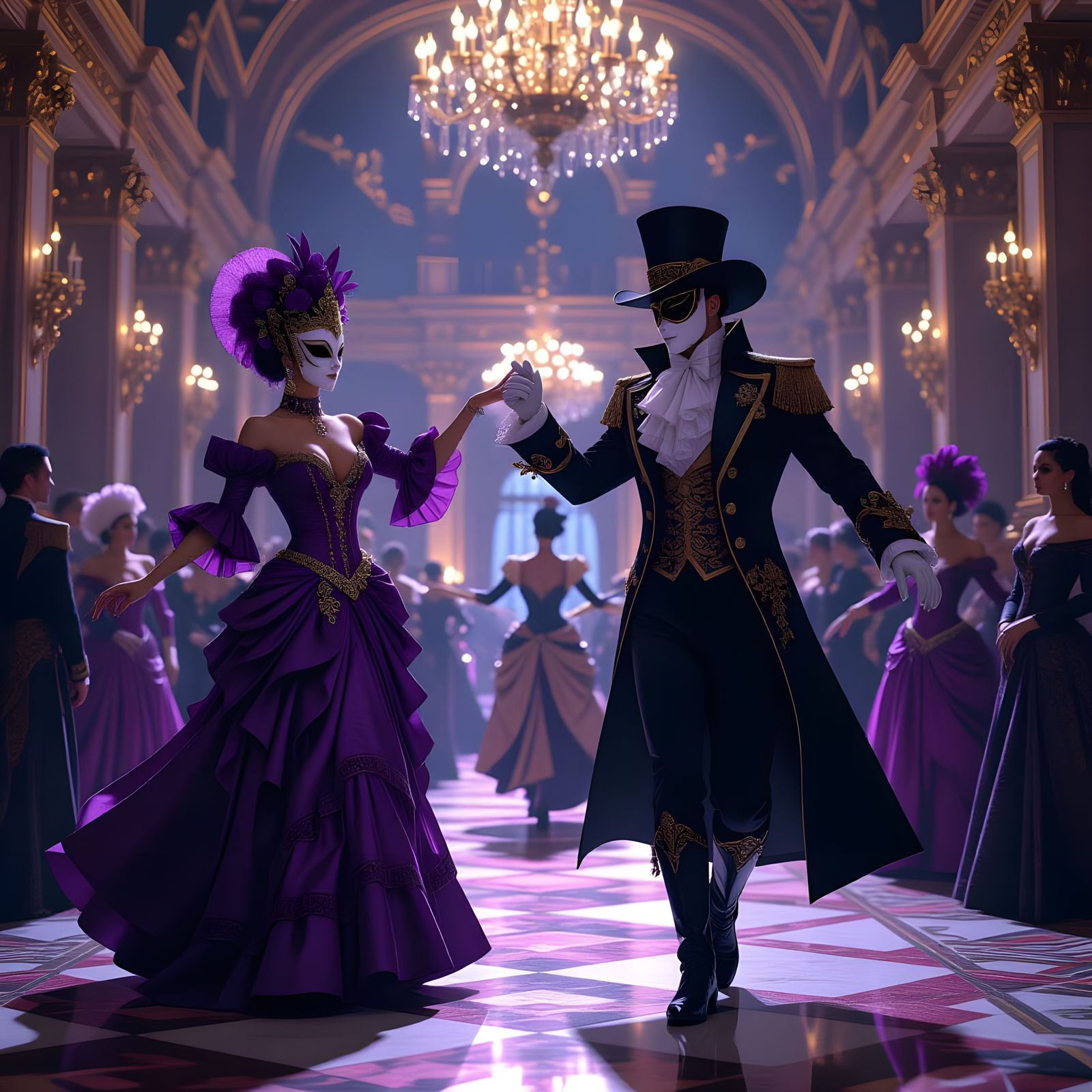 Baroque Ball: Figures Dance in Grand Hall with Purple and Go...