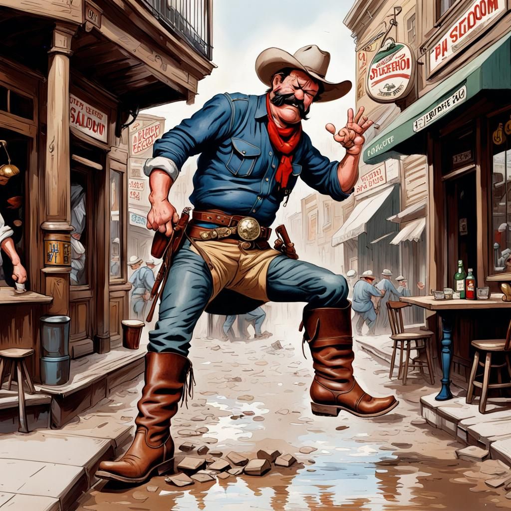 Drunken cowboy being literally kicked out of a western saloon, on the toe of a boot, falling face first in to the street...