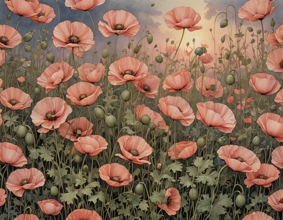 Poppies in Pink Evening Light, Detailed Floral Art