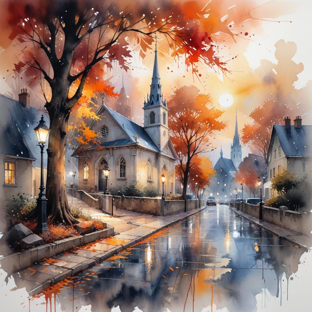 Autumn Church Steeple in Quaint Town, Soft Evening Glow