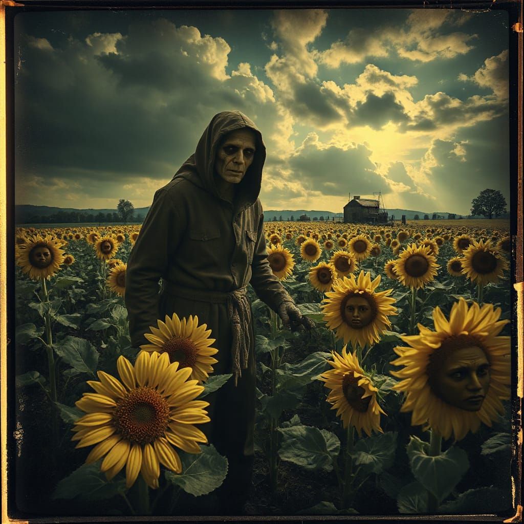 Sad Golem Keeper in Surreal Landscape with Human-Faced Sunfl...