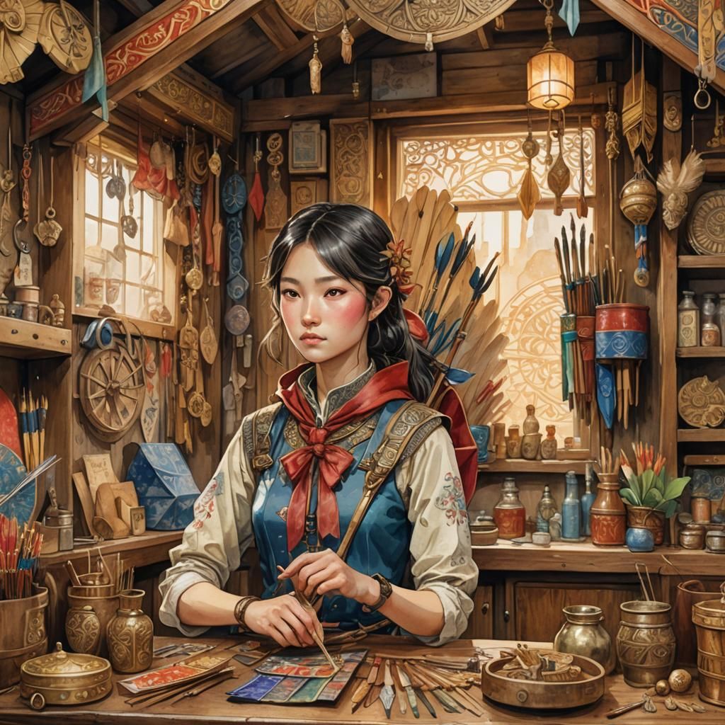 Fantasy Archer in Ornate Watercolor Style