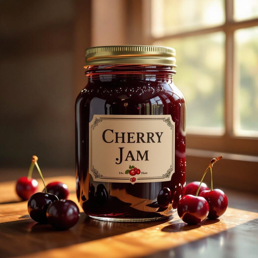 Glistening Cherry Jam Jar in Warm Sunlight