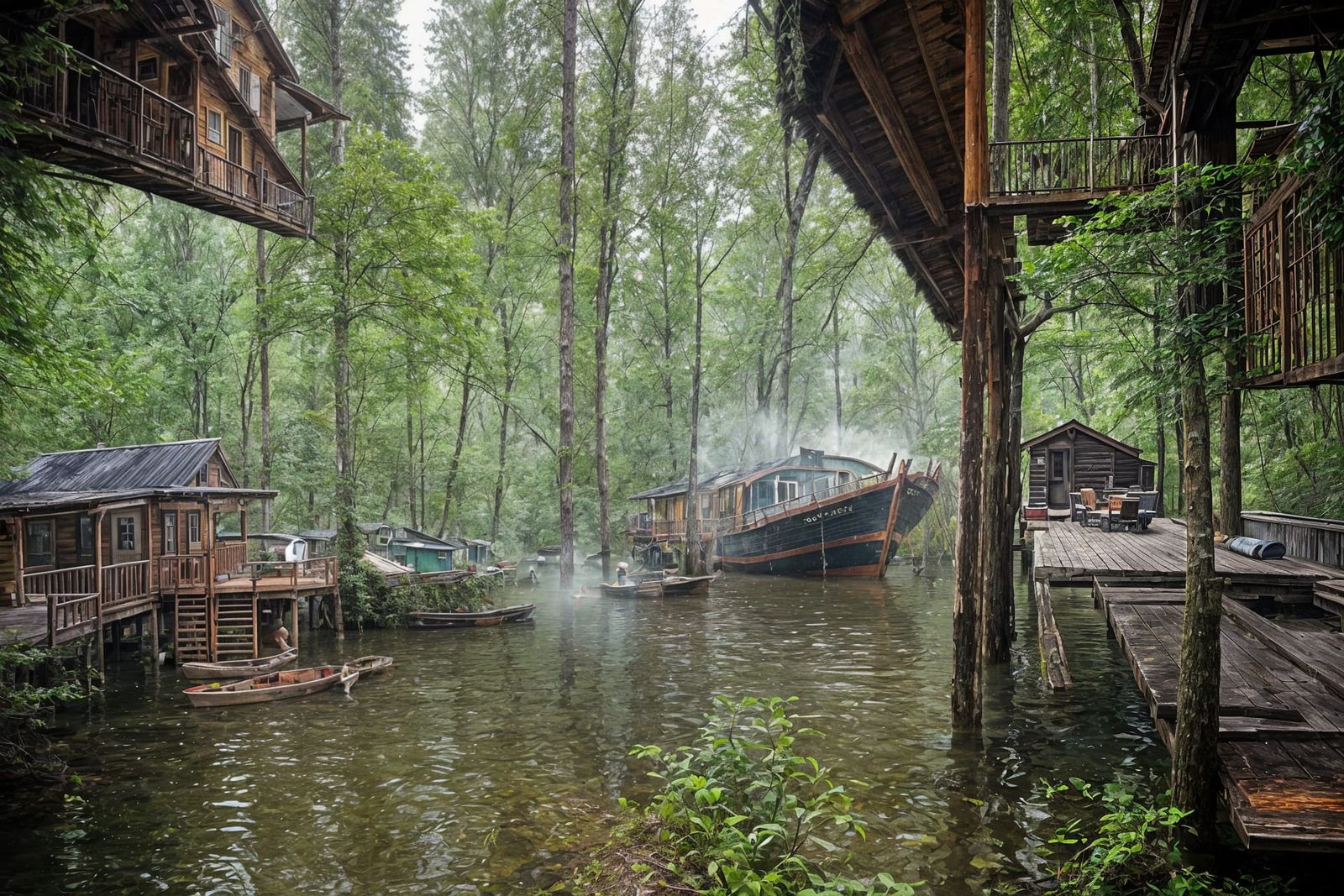 Cabin Deep in Wet Forest With River Boats