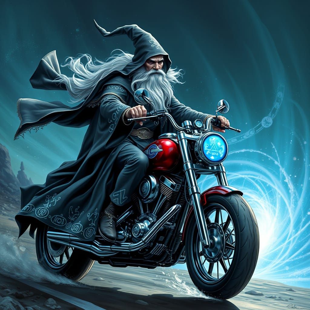 Wizard Rides Mystical Motorcycle with Magical Energy