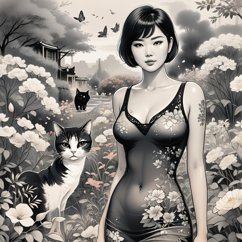 Chinese Ink Drawing of Woman with Cats