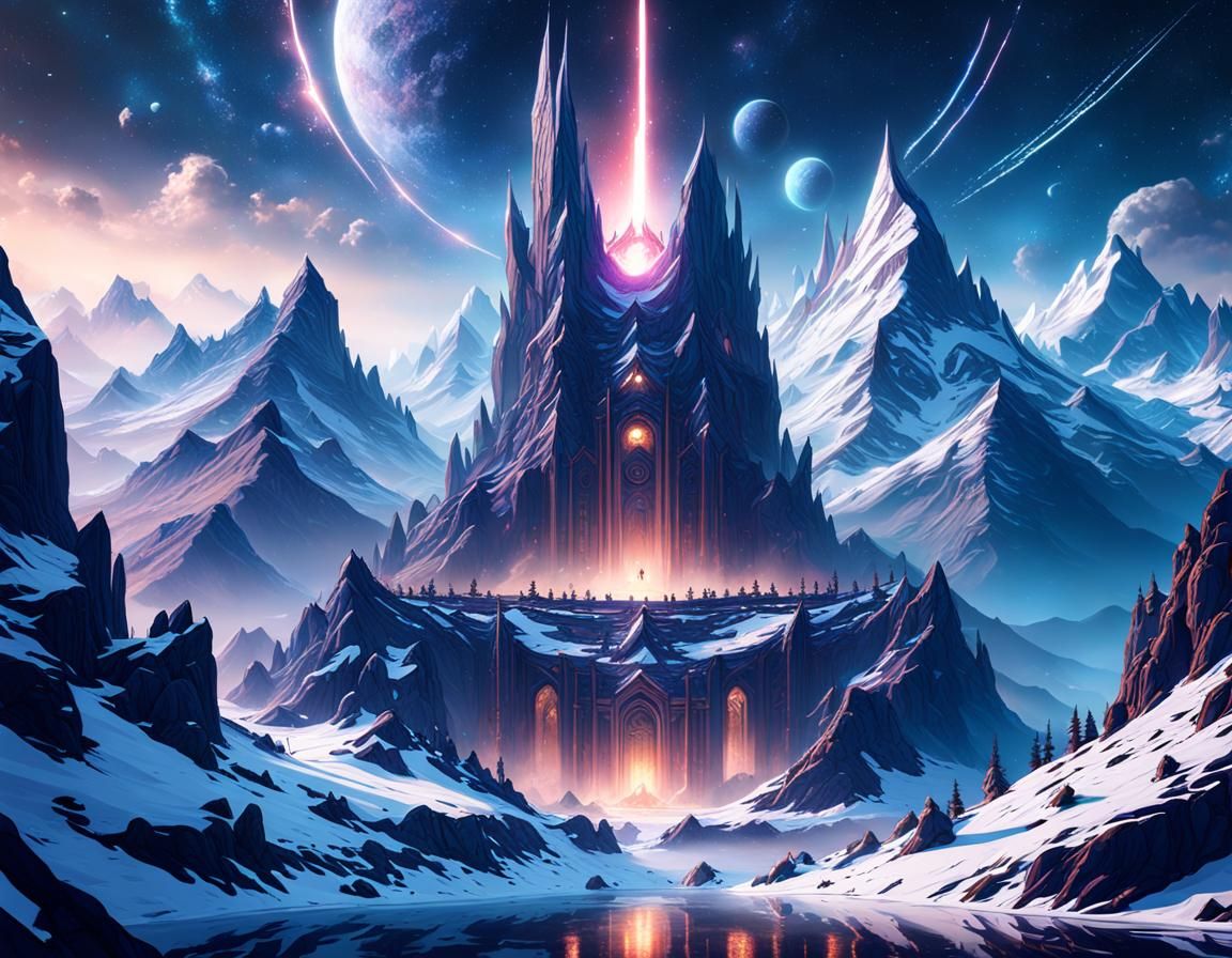 Mountains and Galaxy at Midnight: Fantasy Concept Art