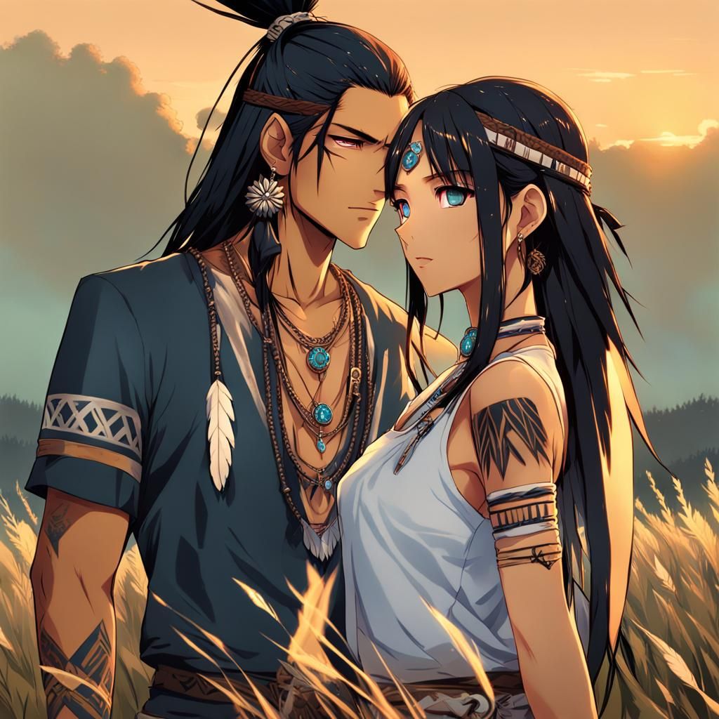 Native American Couple in Love at Sunset, Anime Style