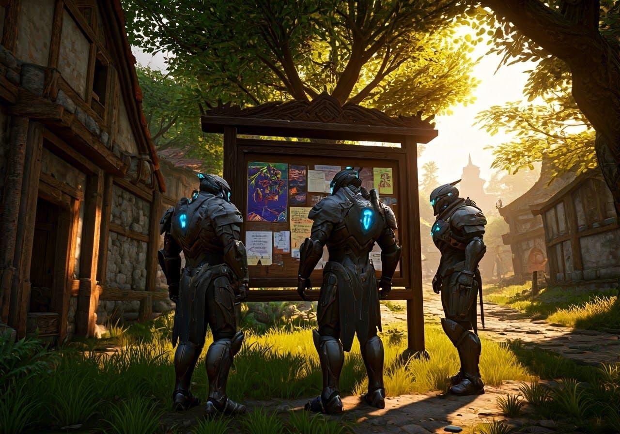 High-Tech Guards in Vibrant Village: Digital Concept Art