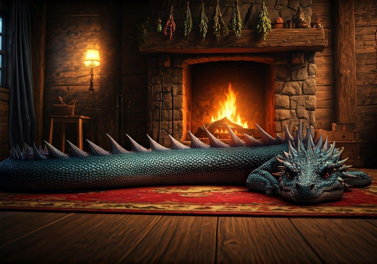 Relaxed Pet Dragon Lounging by Fireplace