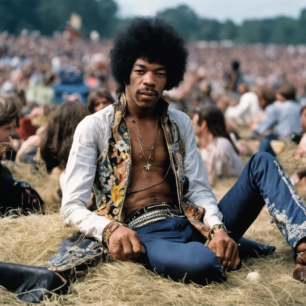 Jimi Hendrix at Woodstock 1968, chilling out