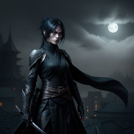 Female Ninja Guarding Rooftop at Night in Dark Fantasy Style