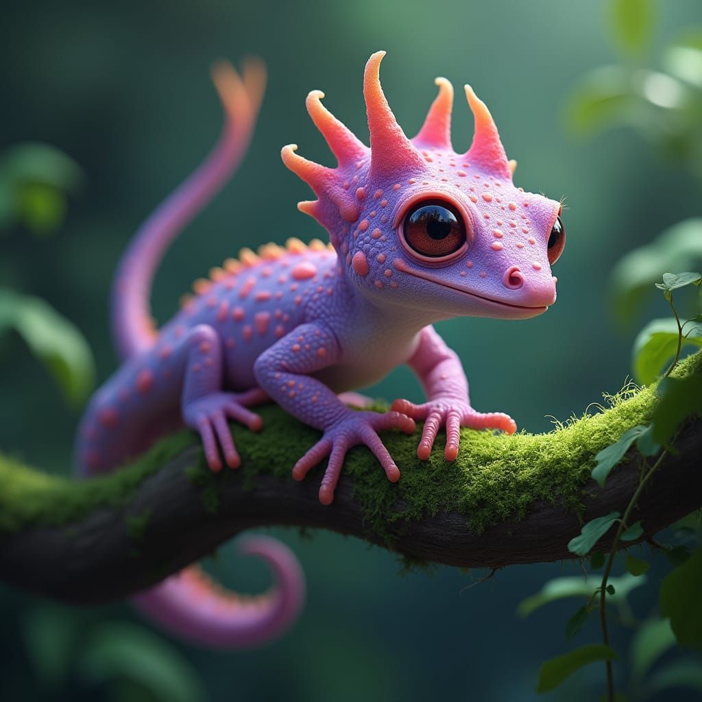 Surreal Lilac Crested Gecko in a Fantastical Forest
