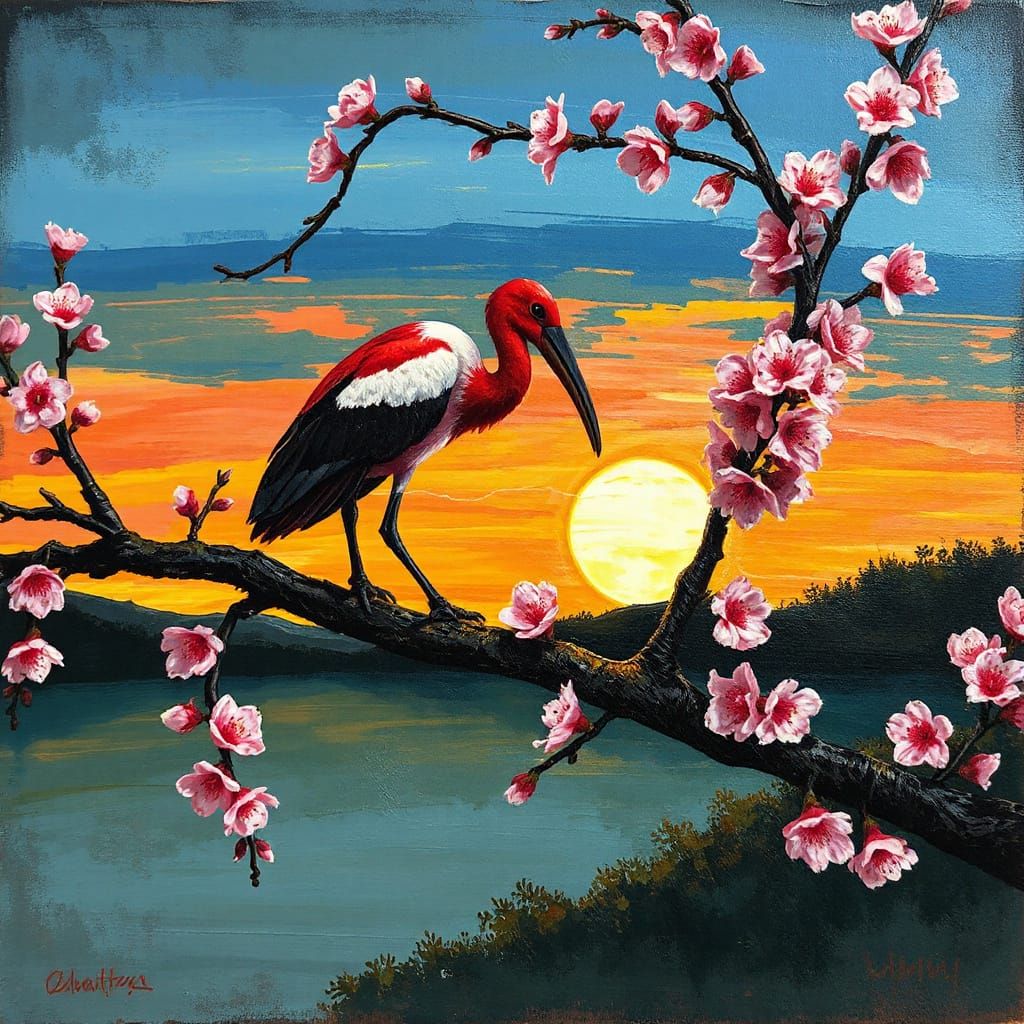 Scarlet Ibis on Cherry Blossom Branch as Impasto Painting