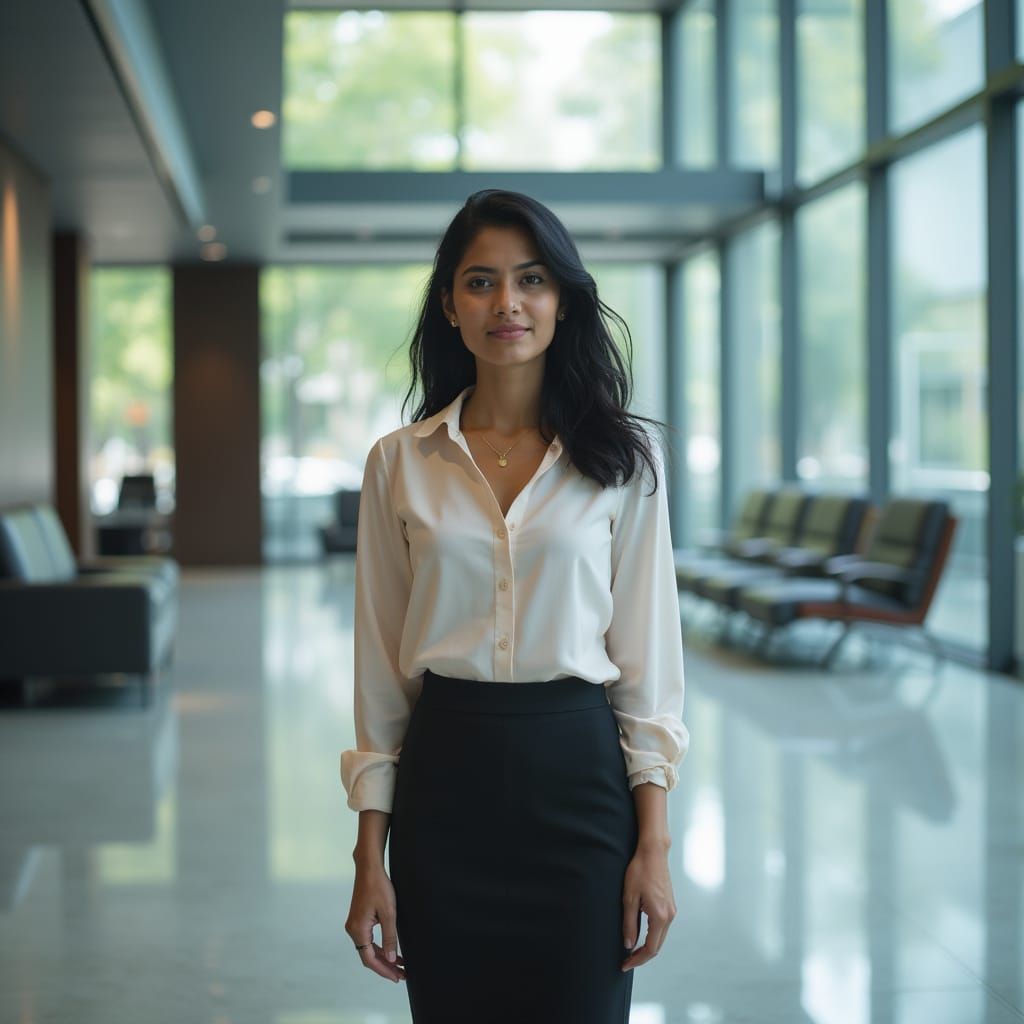 Indian Woman in Modern Office Lobby, Photorealistic Style