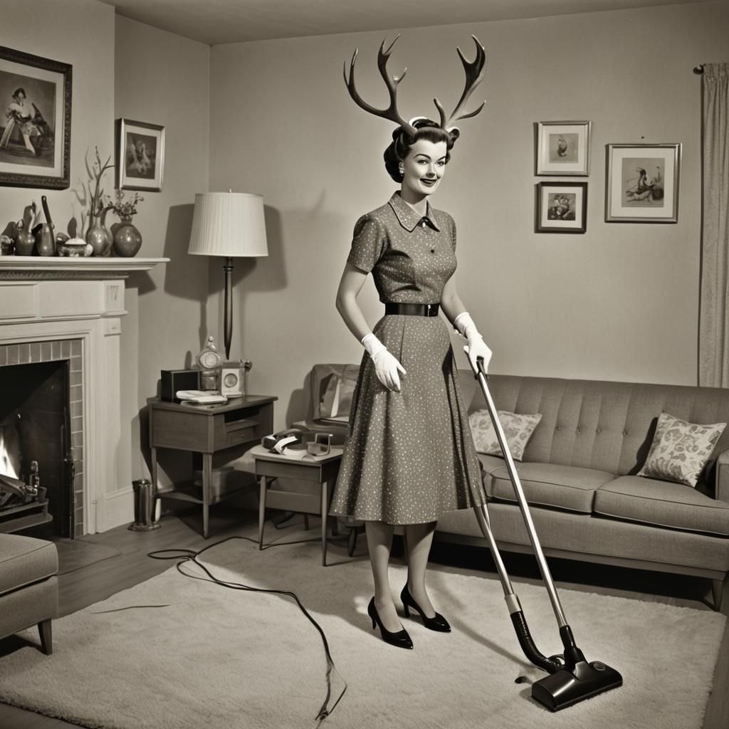 1950s Housewife with Antlers Vacuuming in Schiaparelli Style