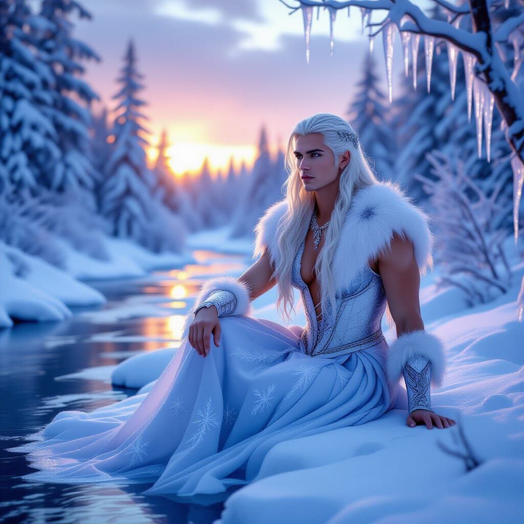 Ethereal Ice King on Frozen River at Sunset