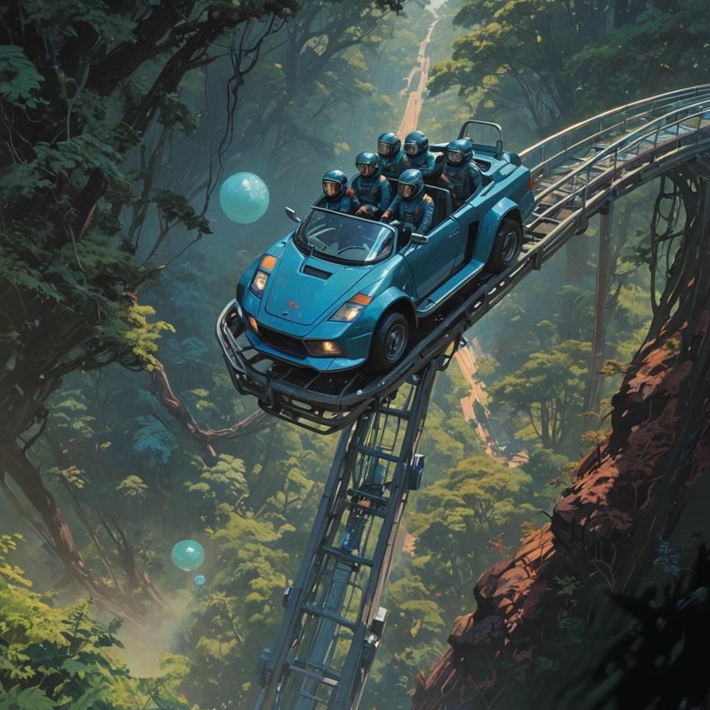 Astronauts on Roller Coaster Above Alien Planet