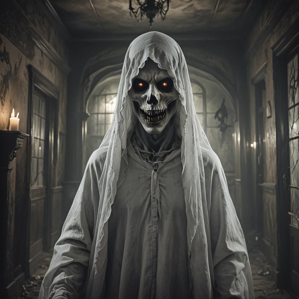 Eerie Male Ghost with Monstrous Features in Haunted House