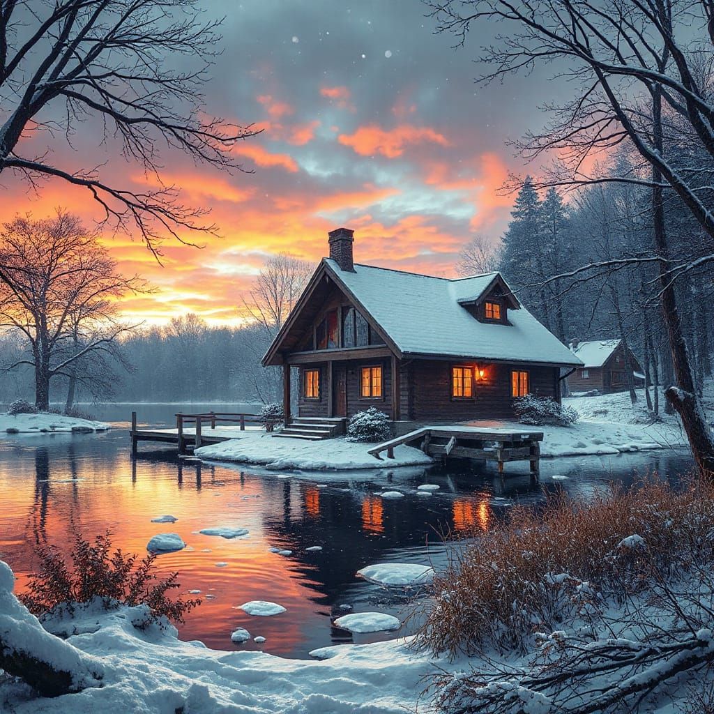 Winter Lakeside Cottage in Hyperrealistic Splash Art