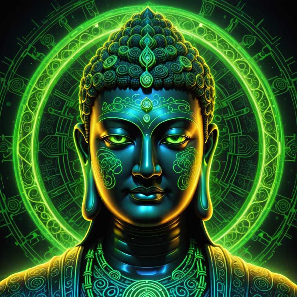 Rainbow Buddha with Neon DNA: Digital Art