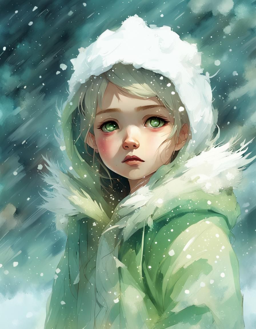 Shy Baby Princess in Winter, Aquarelle-Style