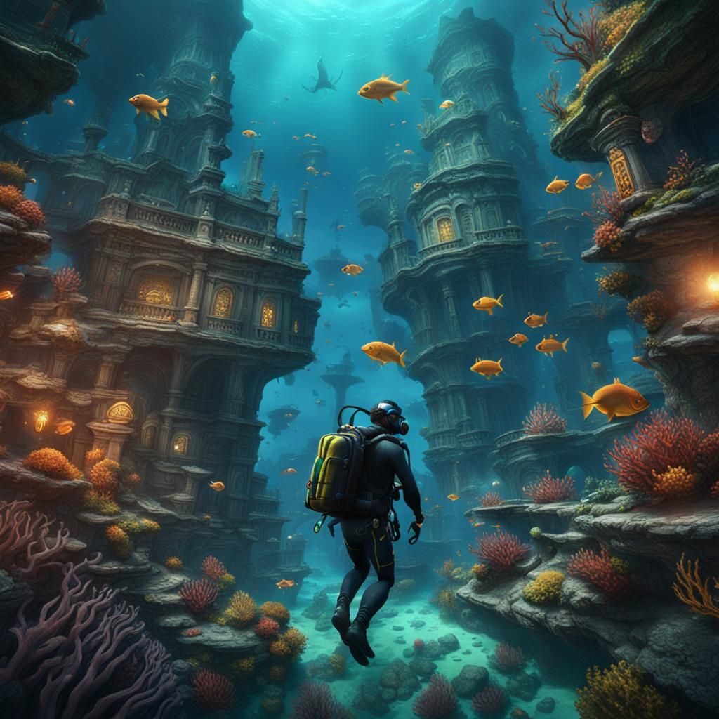 Scuba Diver Explores Sunken City: Fantasy Concept Art