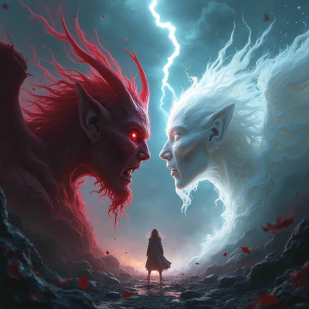 Demon and Archangel Face Off in Surreal Landscape