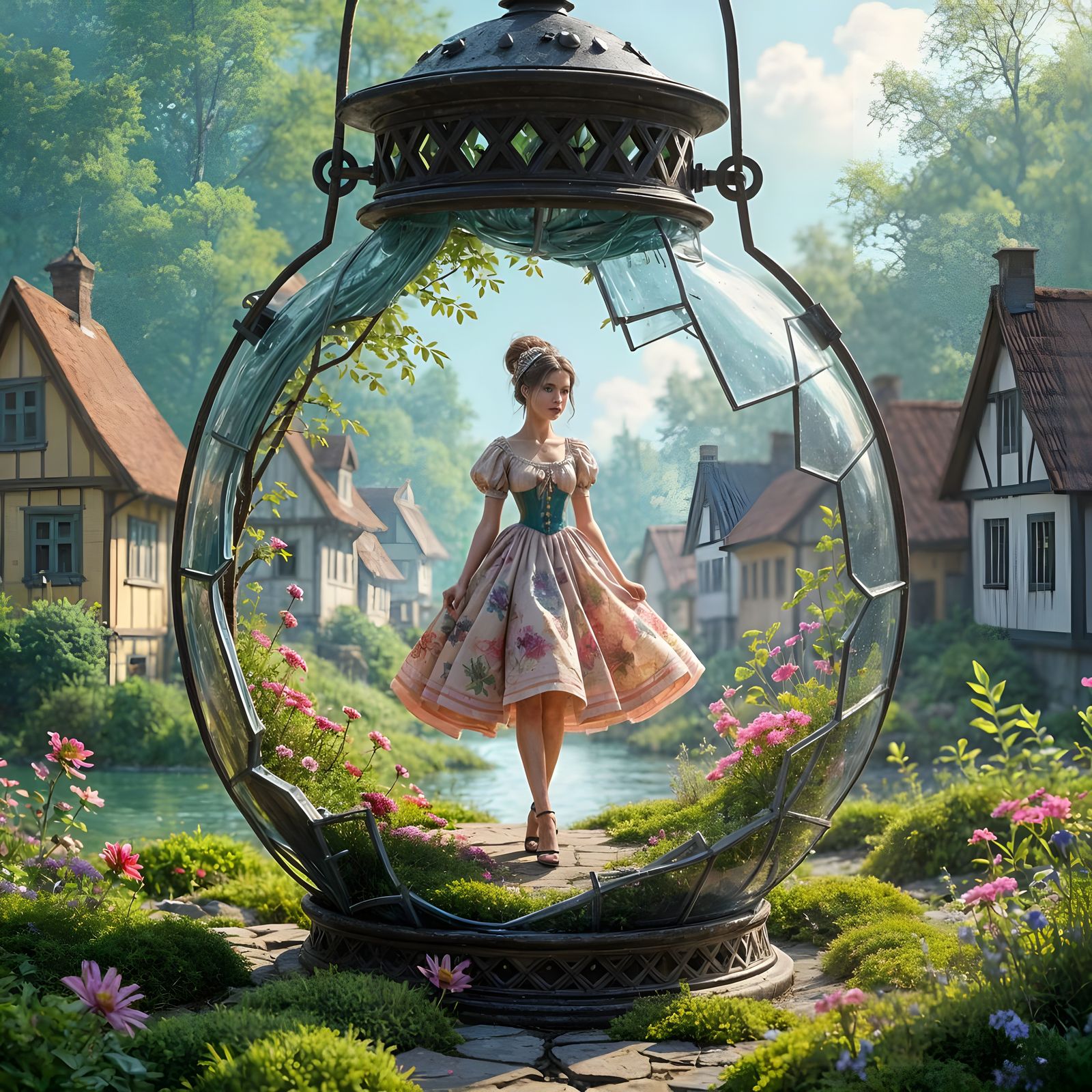 Magical Lantern Village in Gouache Style