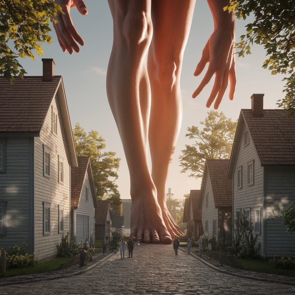 Colossal Woman Overlooking Quaint Village